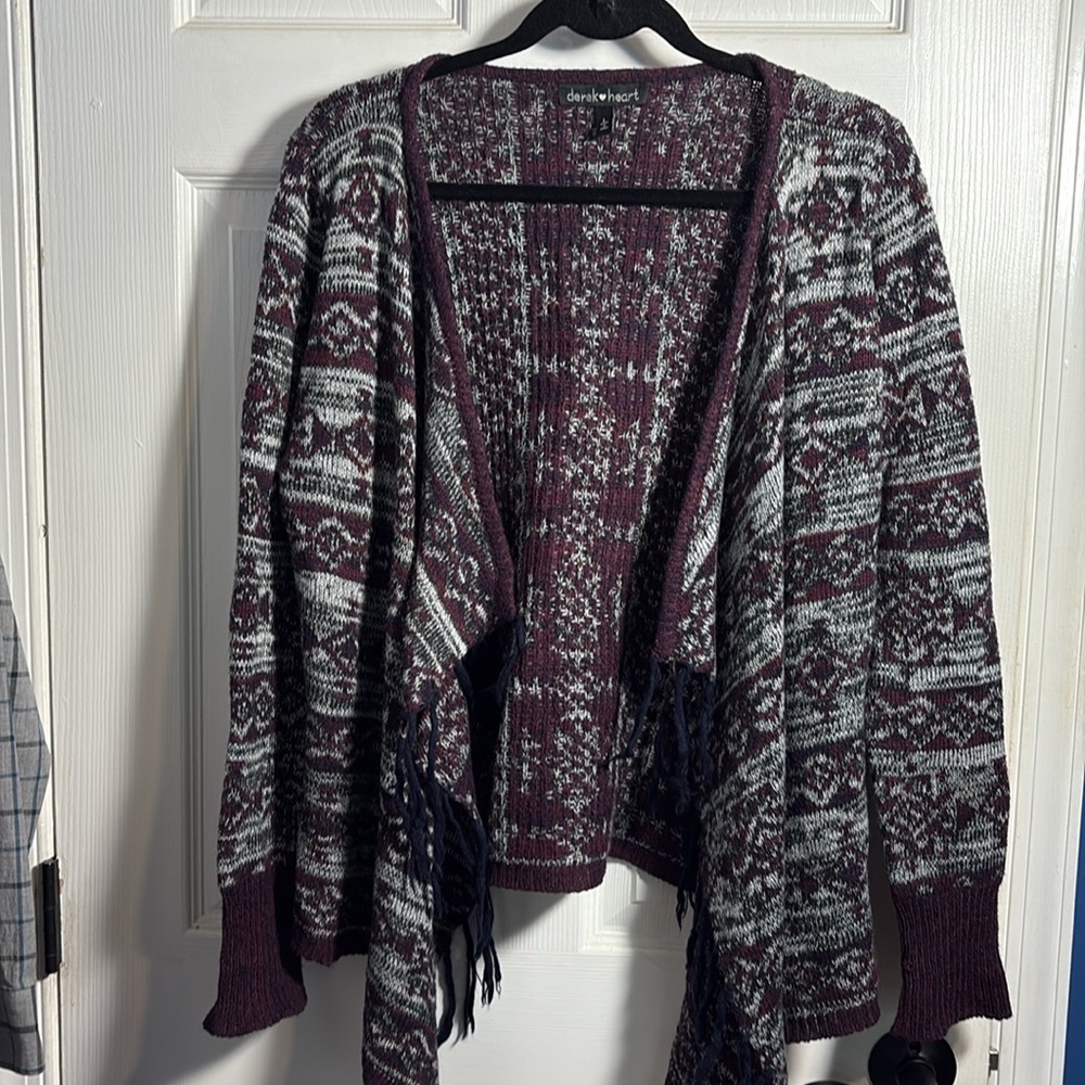 Derek Heart Open Front Fringe Knit Sweater Cardigan Large